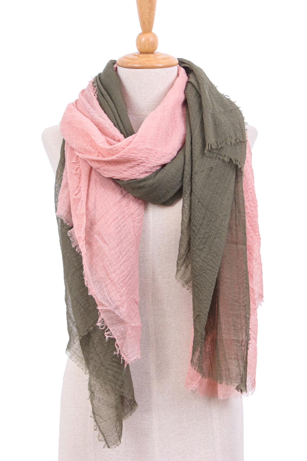 2 Hand-Loomed Lightweight Scarves in Peach and Olive Shades - Graceful Allure