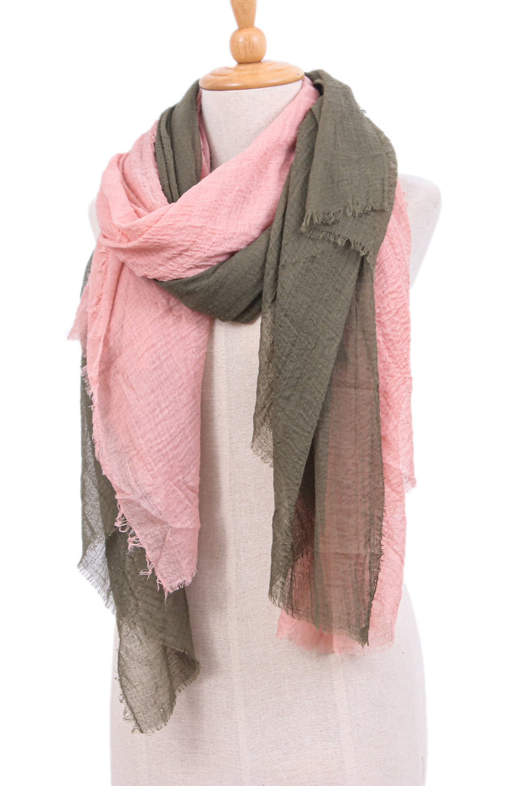 2 Hand-Loomed Lightweight Scarves in Peach and Olive Shades - Graceful Allure