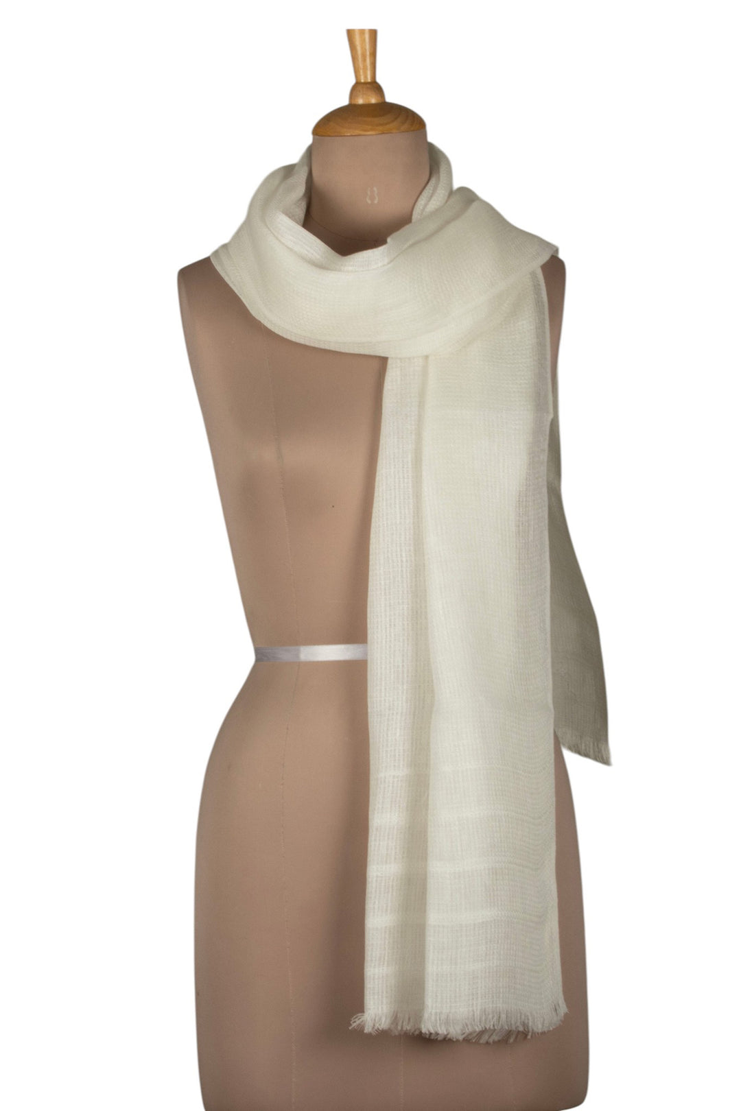 Woven 100% Linen Shawl in a Solid White Hue with Fringes - Dreams in Heaven