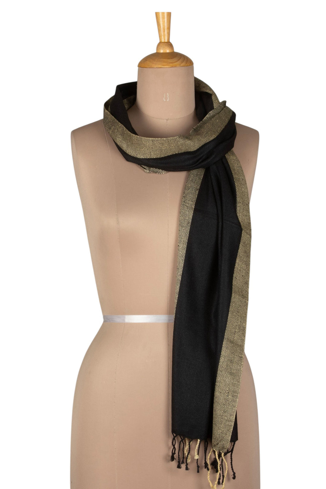 Handwoven Beige and Black 100% Soft Silk Scarf with Fringes - Posh Evening