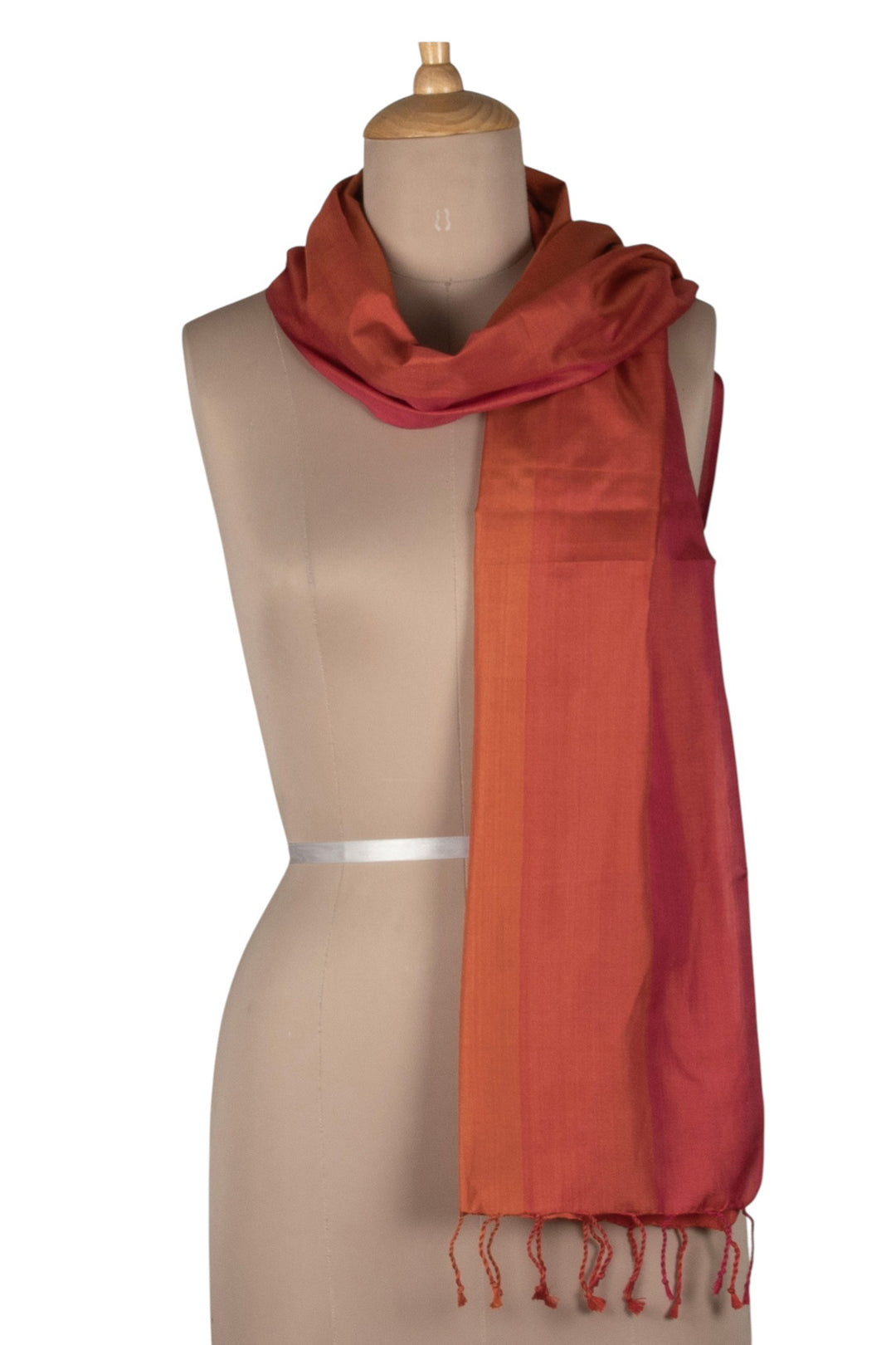 Warm-Toned Handwoven Striped Silk Scarf with Fringes - Sunset Faces