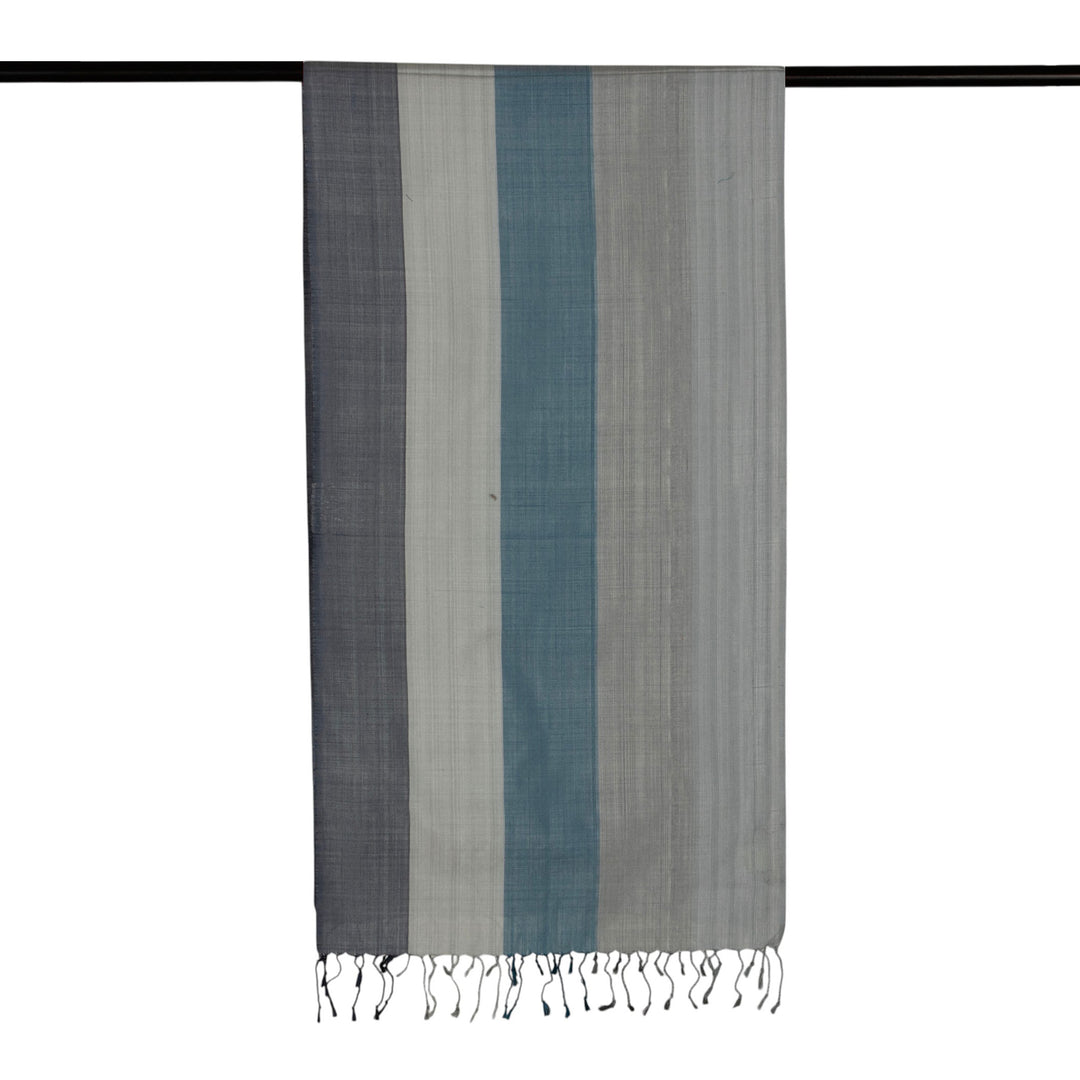 Hand-Loomed Striped 100% Silk Scarf in Blue and Grey Hues - Posh Morning