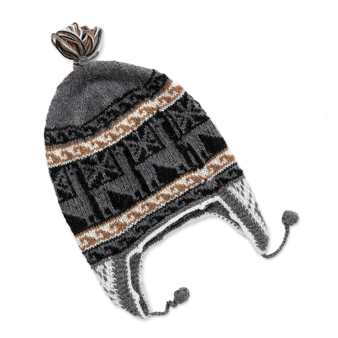 Crocheted Alpaca Blend Andean Chullo Hat with Llama Motifs - Llama Silhouette in Grey