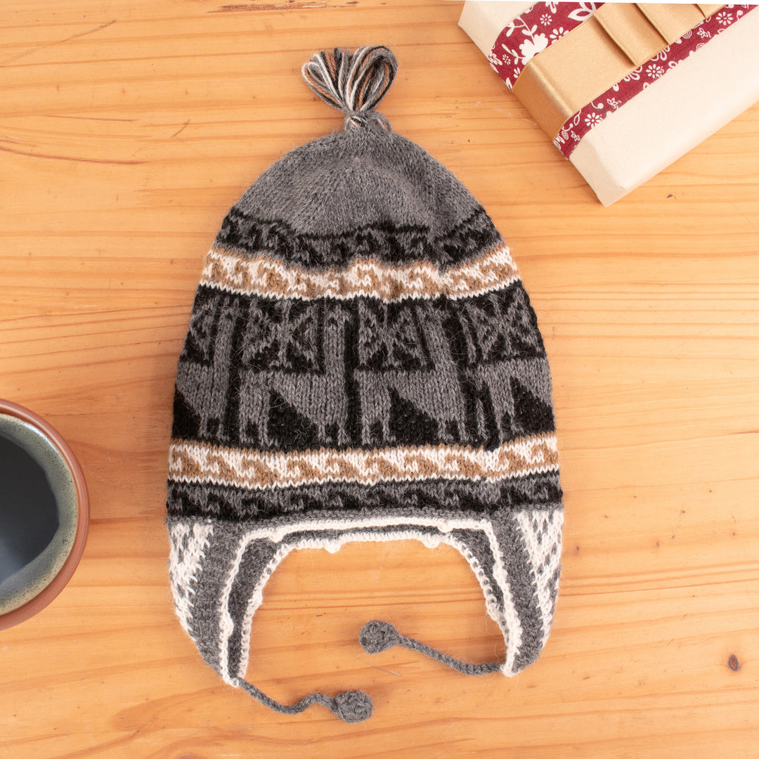 Crocheted Alpaca Blend Andean Chullo Hat with Llama Motifs - Llama Silhouette in Grey