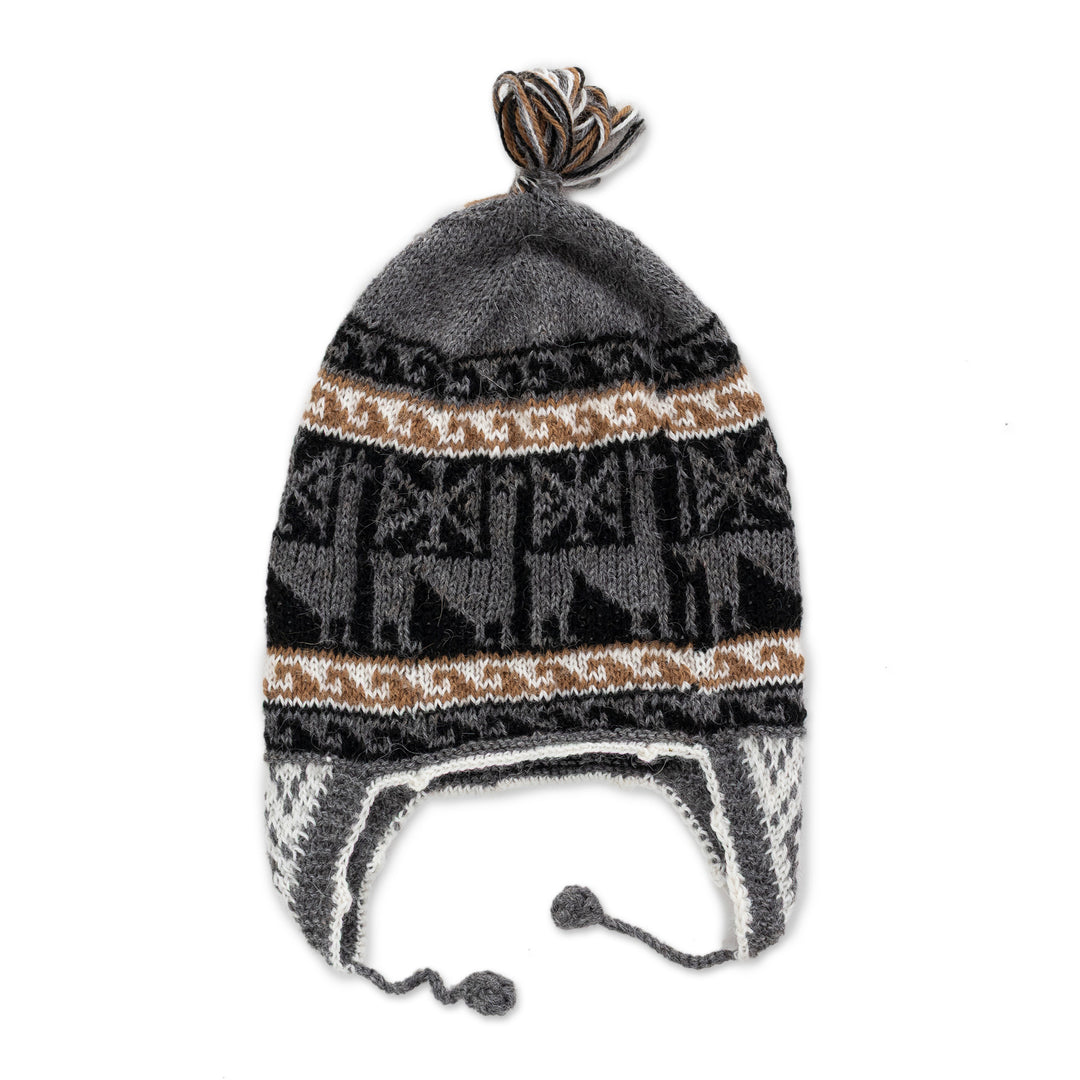 Crocheted Alpaca Blend Andean Chullo Hat with Llama Motifs - Llama Silhouette in Grey