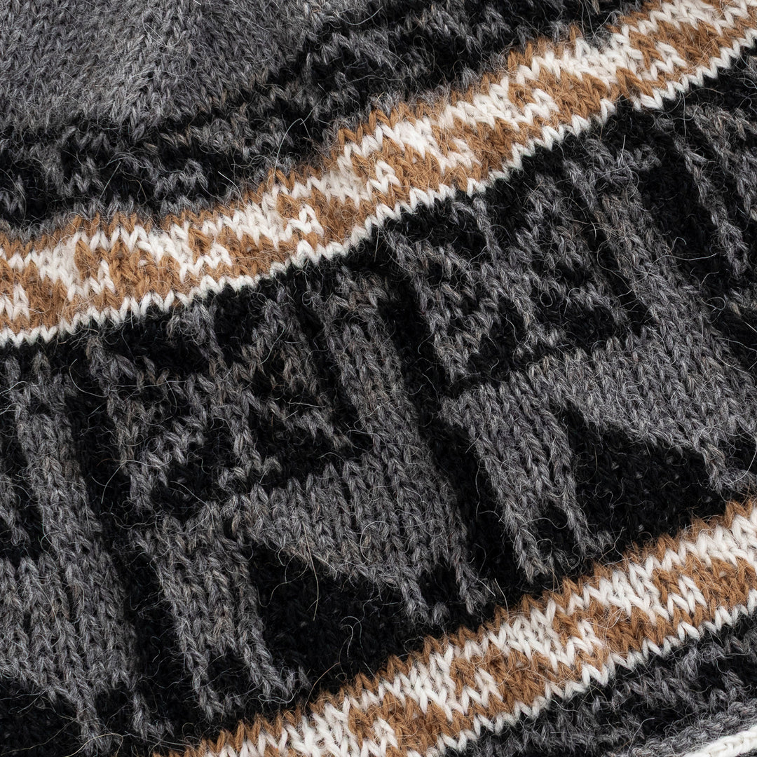Crocheted Alpaca Blend Andean Chullo Hat with Llama Motifs - Llama Silhouette in Grey