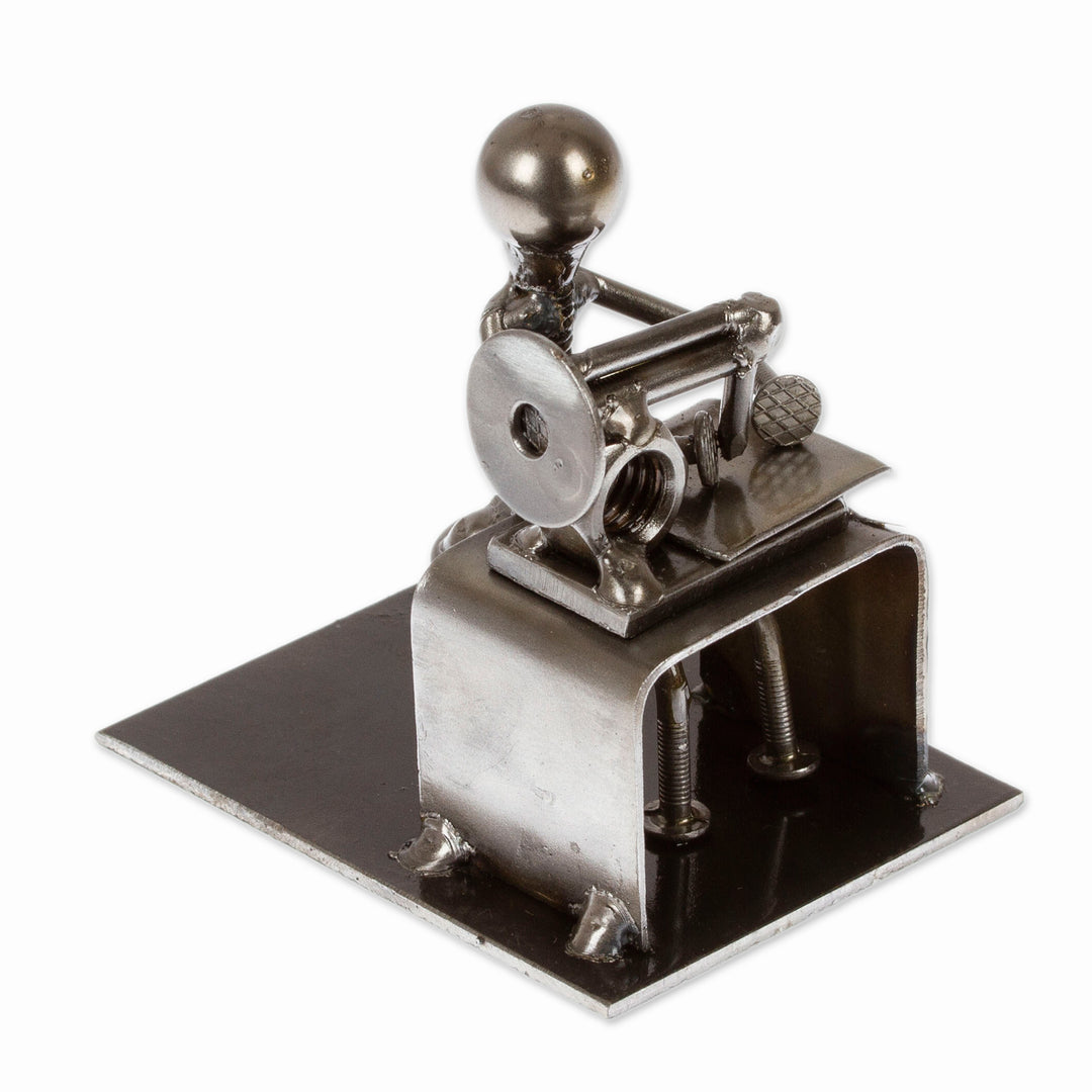 Recycled Metal Figurine of a Seamstress with Sewing Machine - Sewing with Care