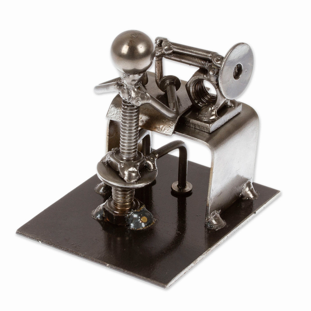 Recycled Metal Figurine of a Seamstress with Sewing Machine - Sewing with Care