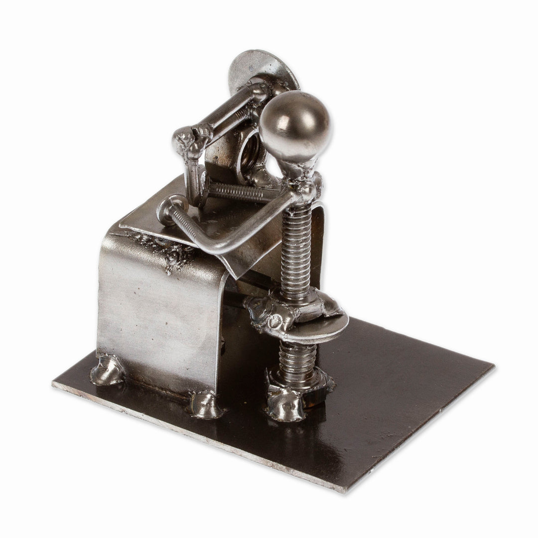 Recycled Metal Figurine of a Seamstress with Sewing Machine - Sewing with Care
