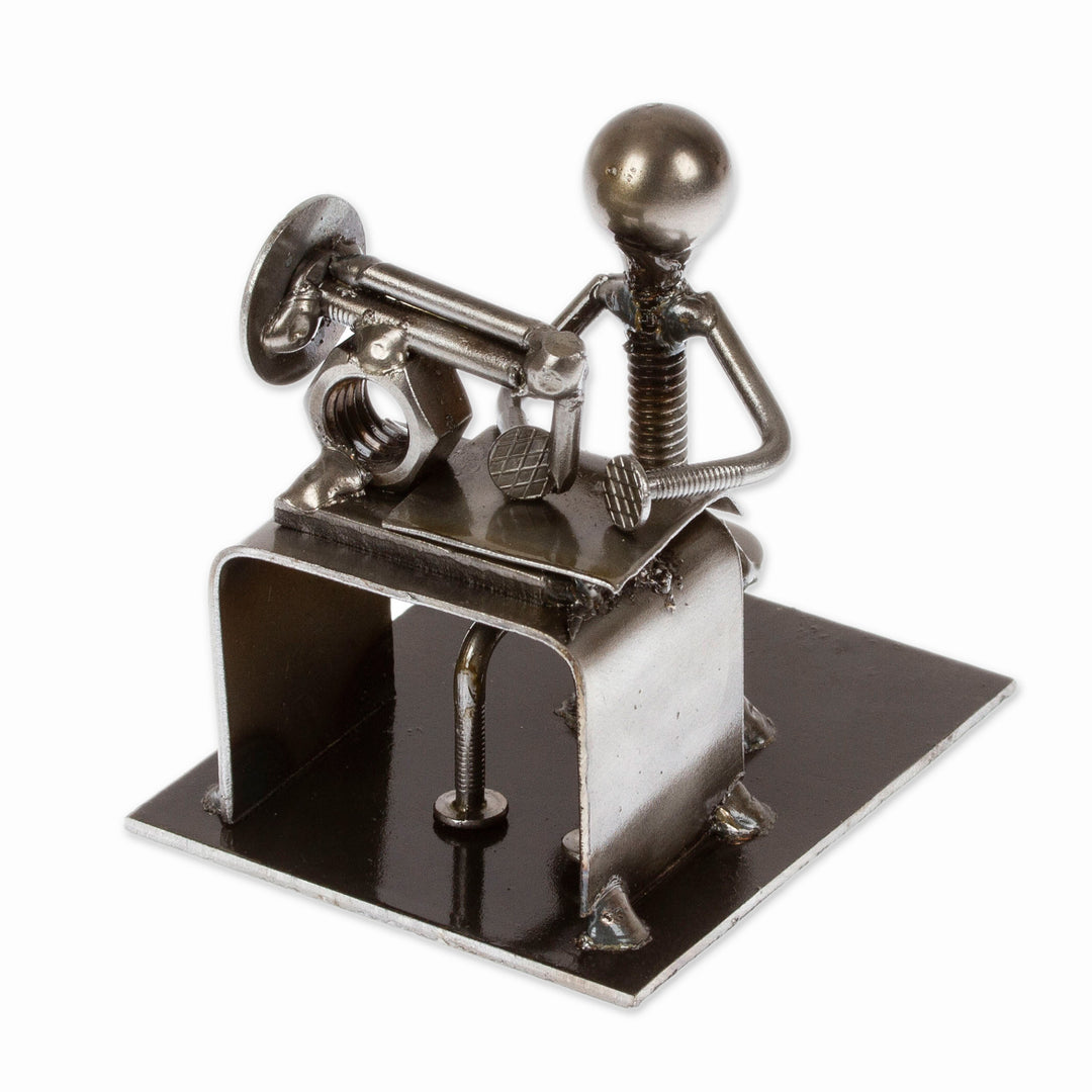 Recycled Metal Figurine of a Seamstress with Sewing Machine - Sewing with Care