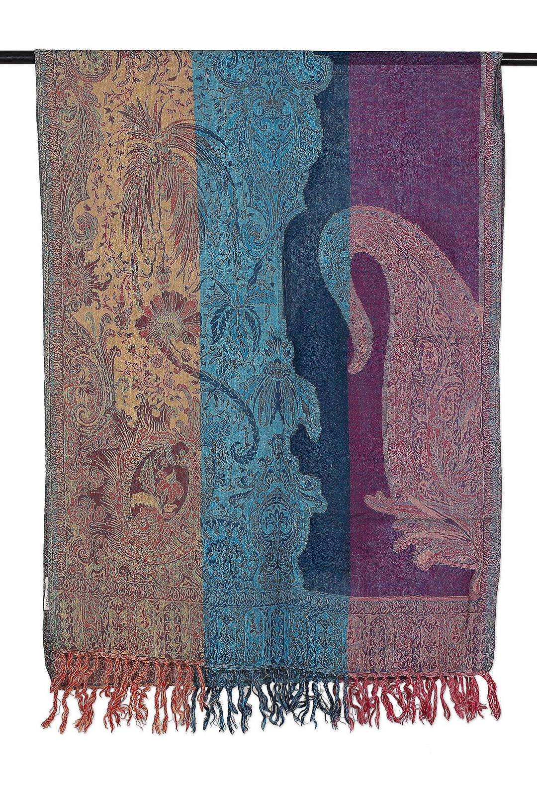 Woven Fringed Jamawar Wool Shawl in Blue Purple & Yellow - Regal Splendor
