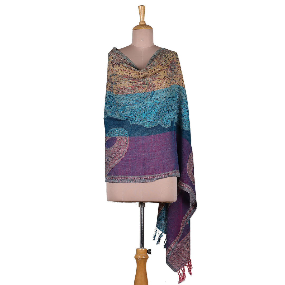 Woven Fringed Jamawar Wool Shawl in Blue Purple & Yellow - Regal Splendor