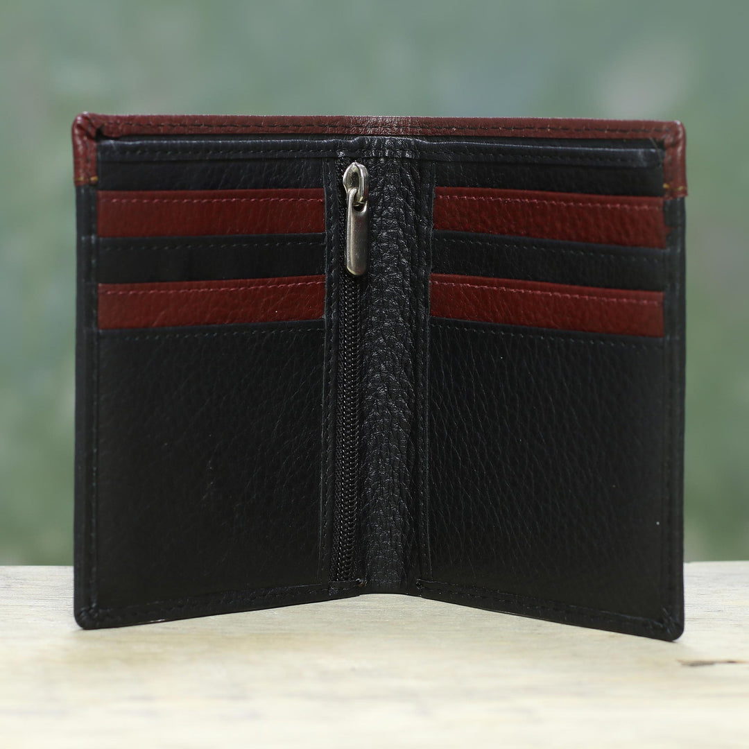 Handsome Leather Wallet for Men in Black and Mahogany - Natural Harmony in Black