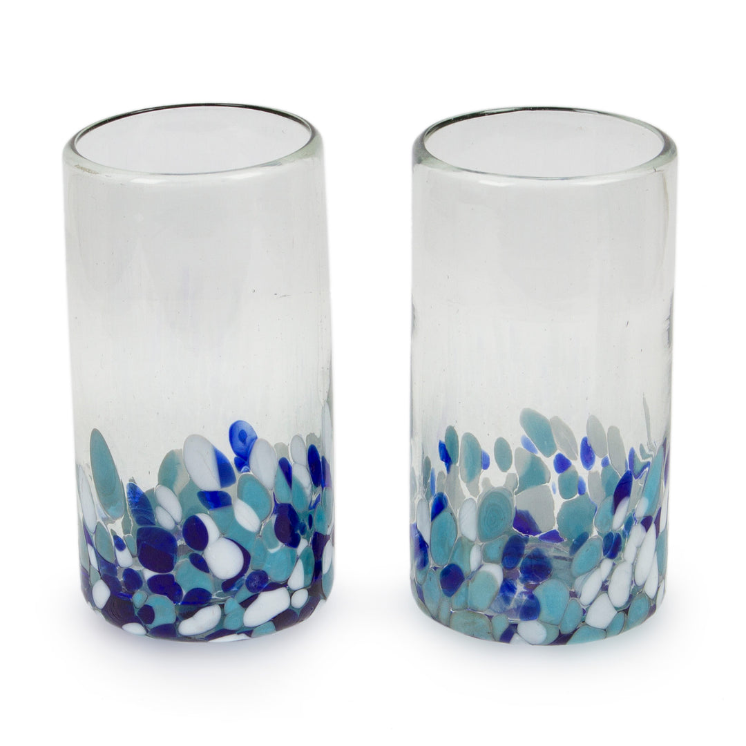 2 Blue White Spotted Eco-Friendly Handblown Highball Glasses - Blue Confetti