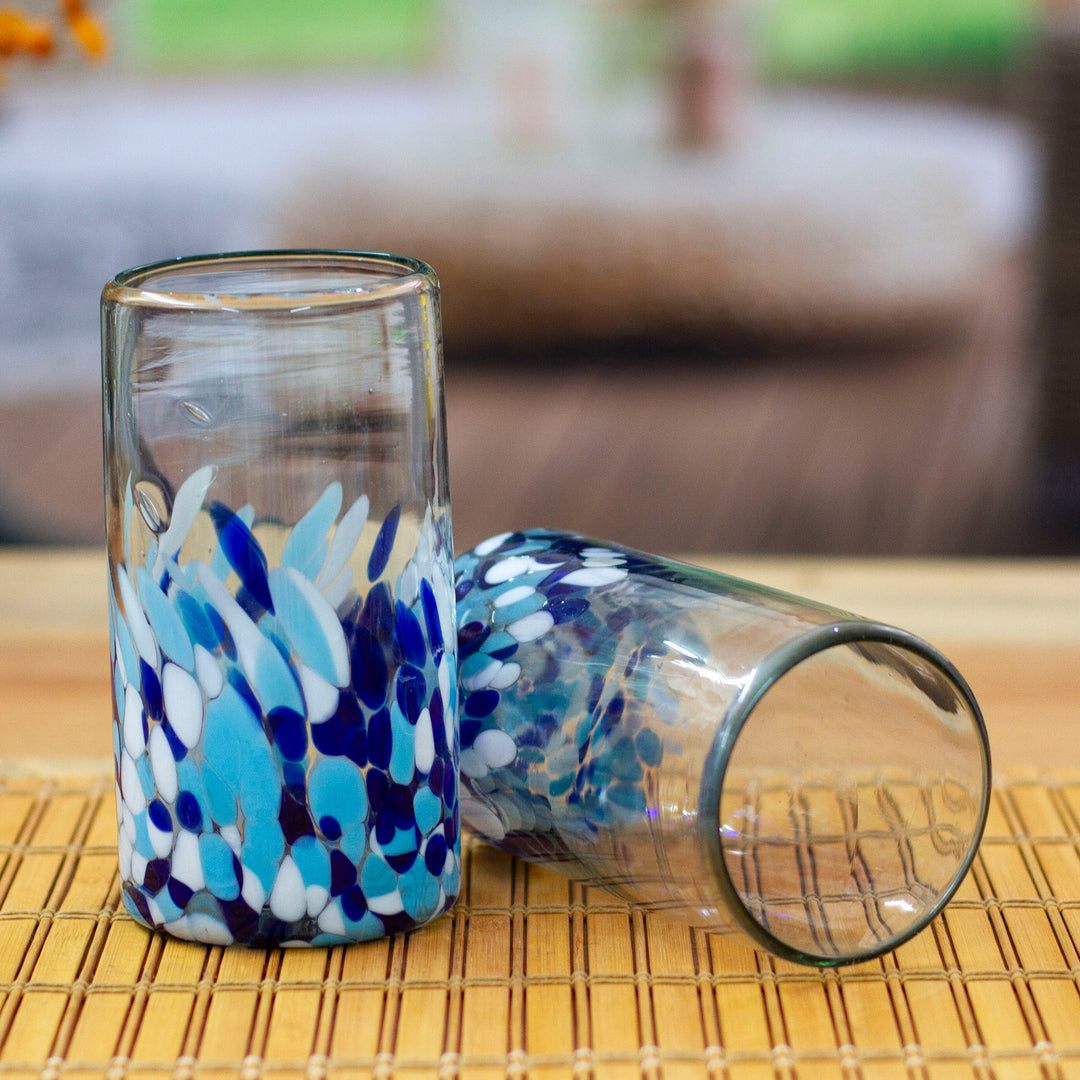 2 Blue White Spotted Eco-Friendly Handblown Highball Glasses - Blue Confetti