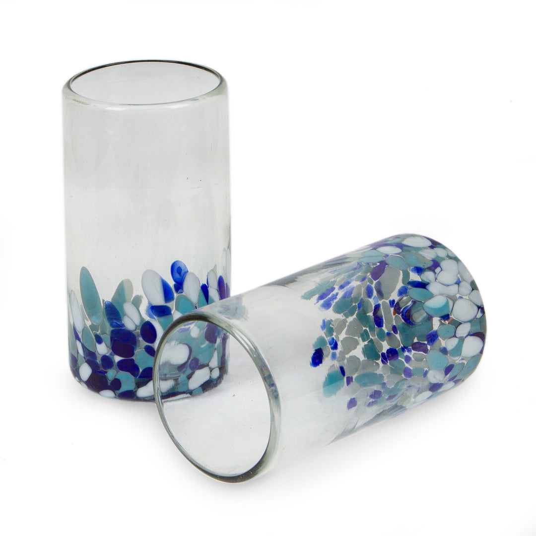 2 Blue White Spotted Eco-Friendly Handblown Highball Glasses - Blue Confetti