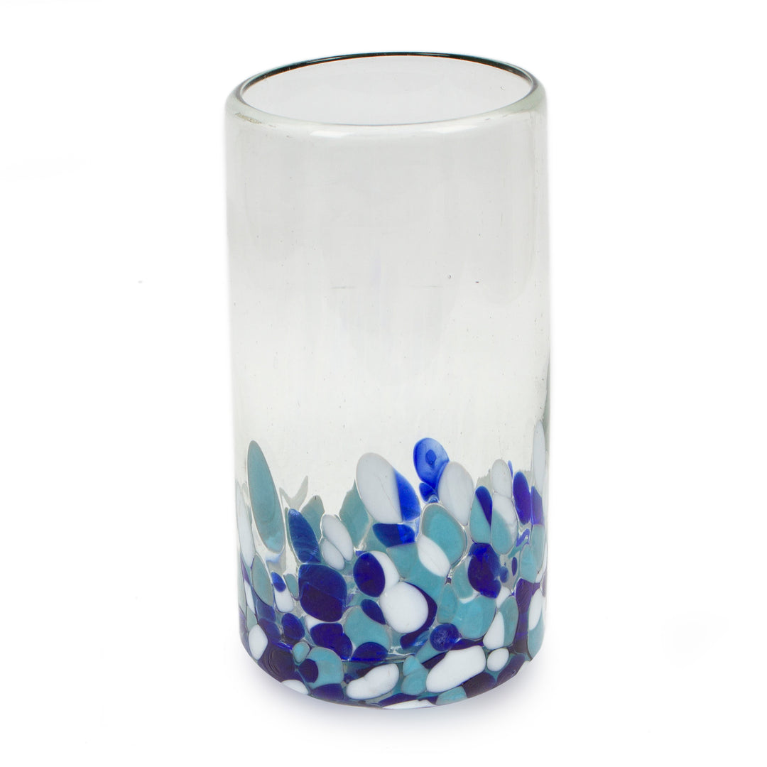 2 Blue White Spotted Eco-Friendly Handblown Highball Glasses - Blue Confetti