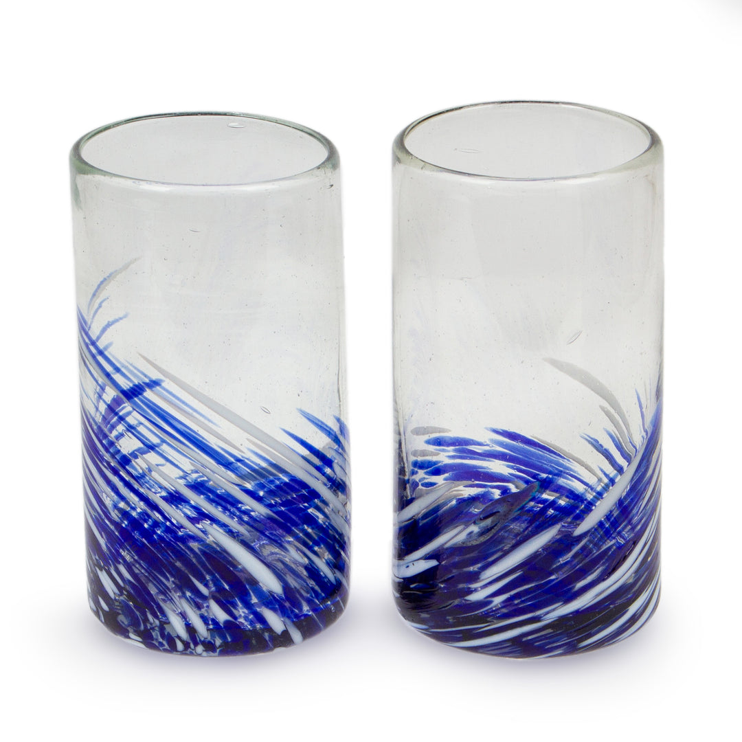 White Blue Handblown Recycled Glass Highball Glasses (Pair) - Modern Blue