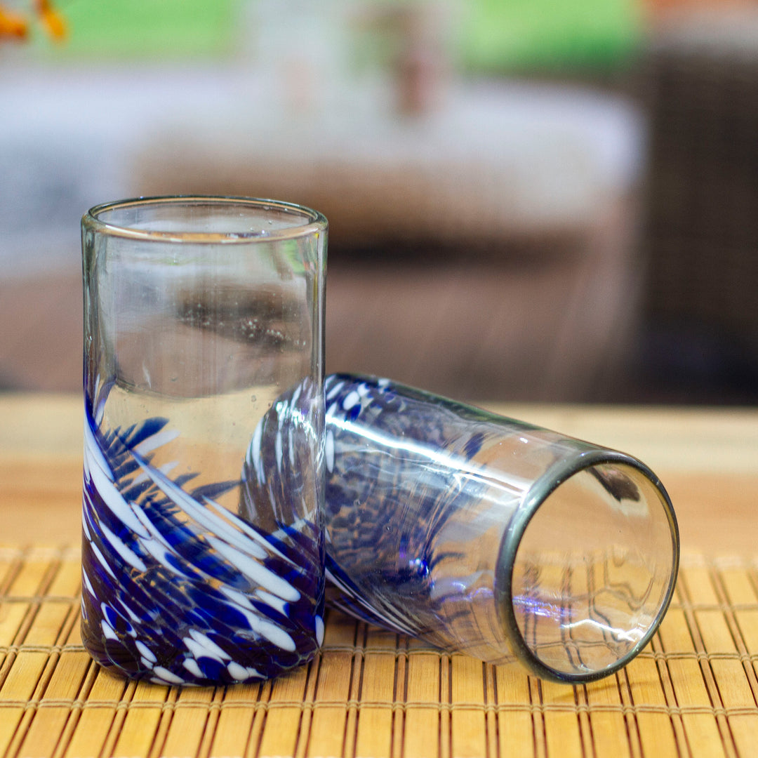 White Blue Handblown Recycled Glass Highball Glasses (Pair) - Modern Blue