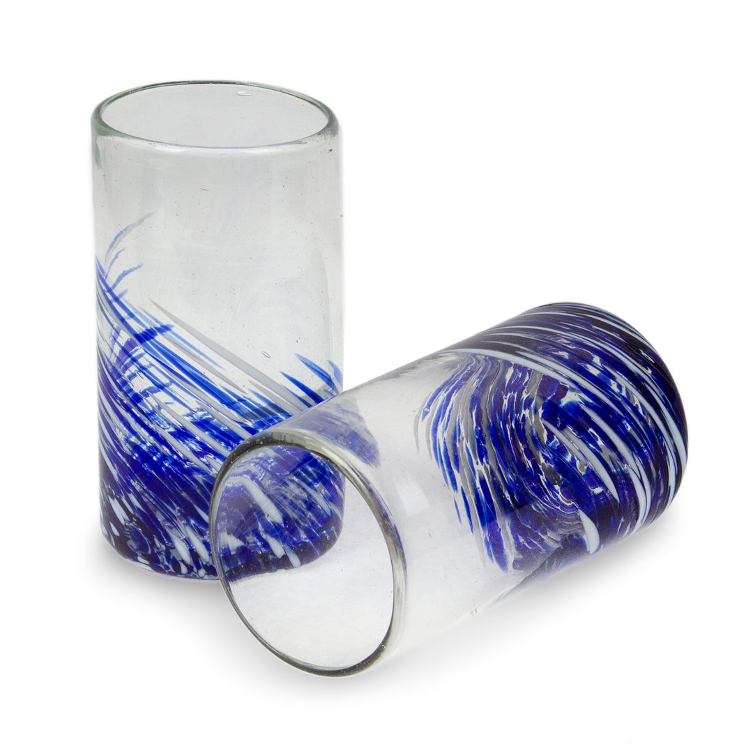 White Blue Handblown Recycled Glass Highball Glasses (Pair) - Modern Blue