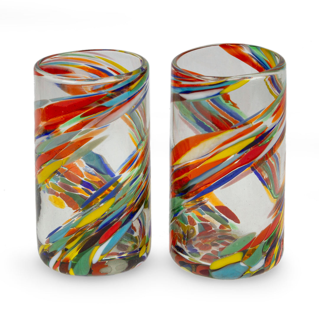 2 Multicolor Handblown Recycled Glass Highball Glasses - Whirling Rainbow