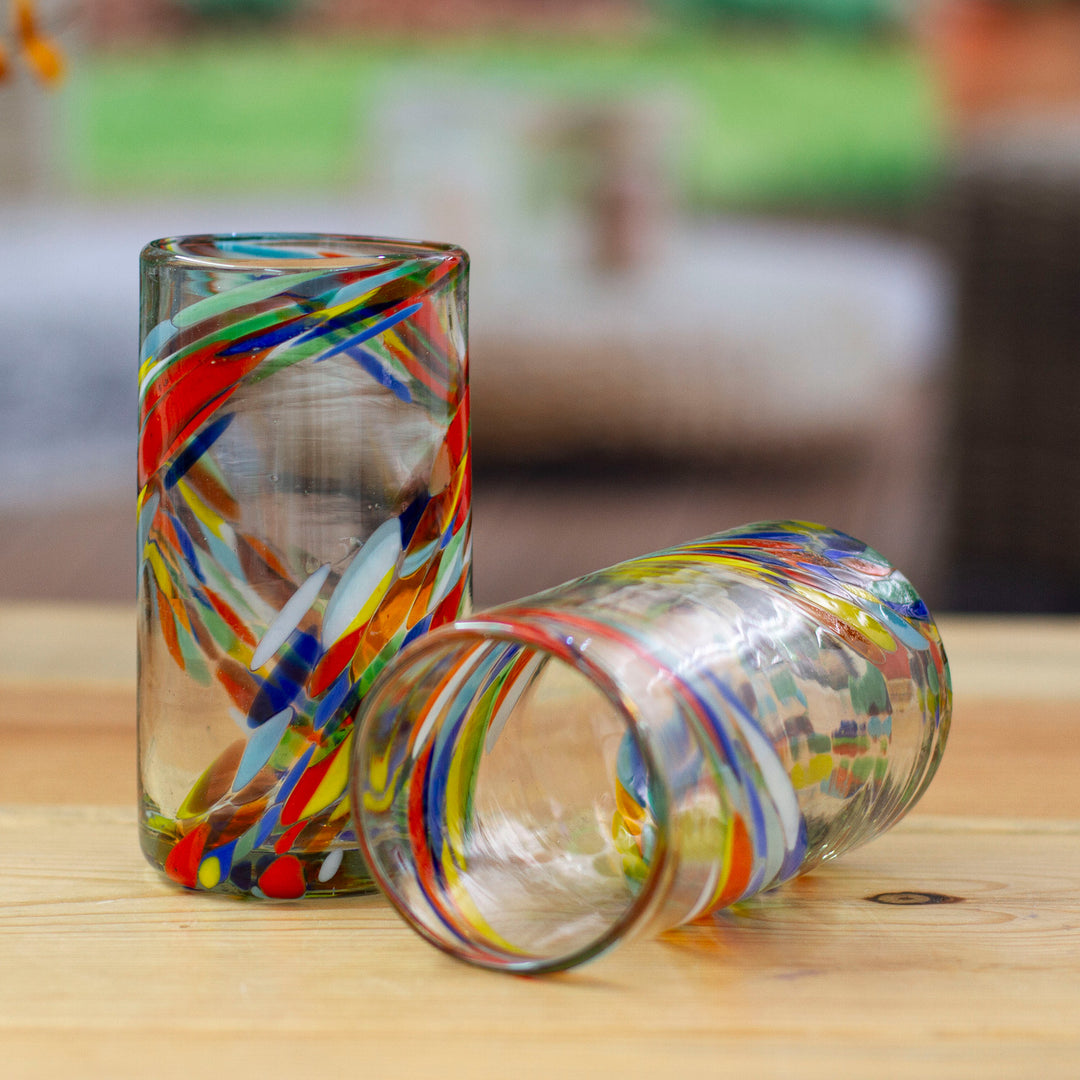 2 Multicolor Handblown Recycled Glass Highball Glasses - Whirling Rainbow
