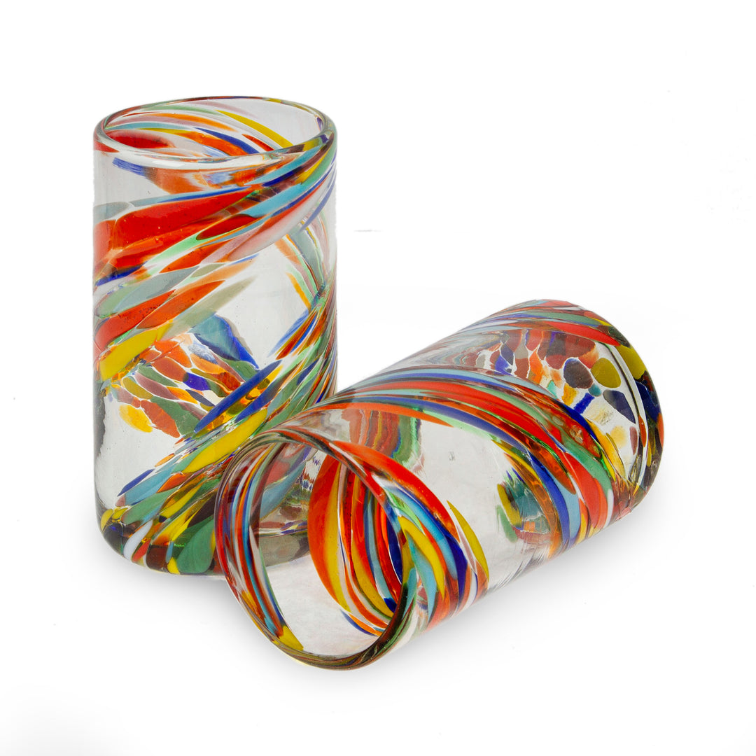 2 Multicolor Handblown Recycled Glass Highball Glasses - Whirling Rainbow
