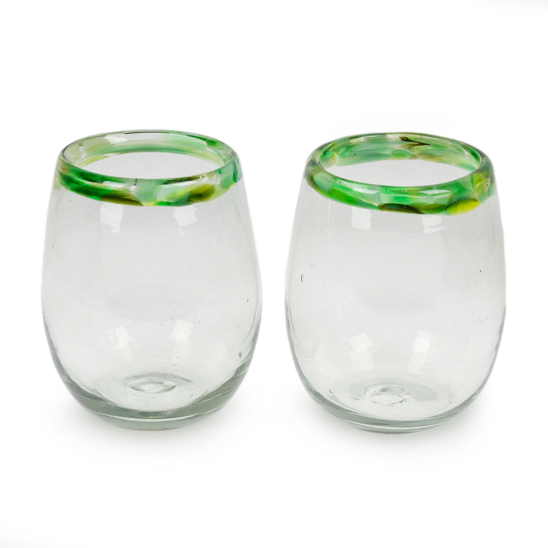Pair of Green-Rimmed Handblown Stemless Wine Glasses - Verdant Day