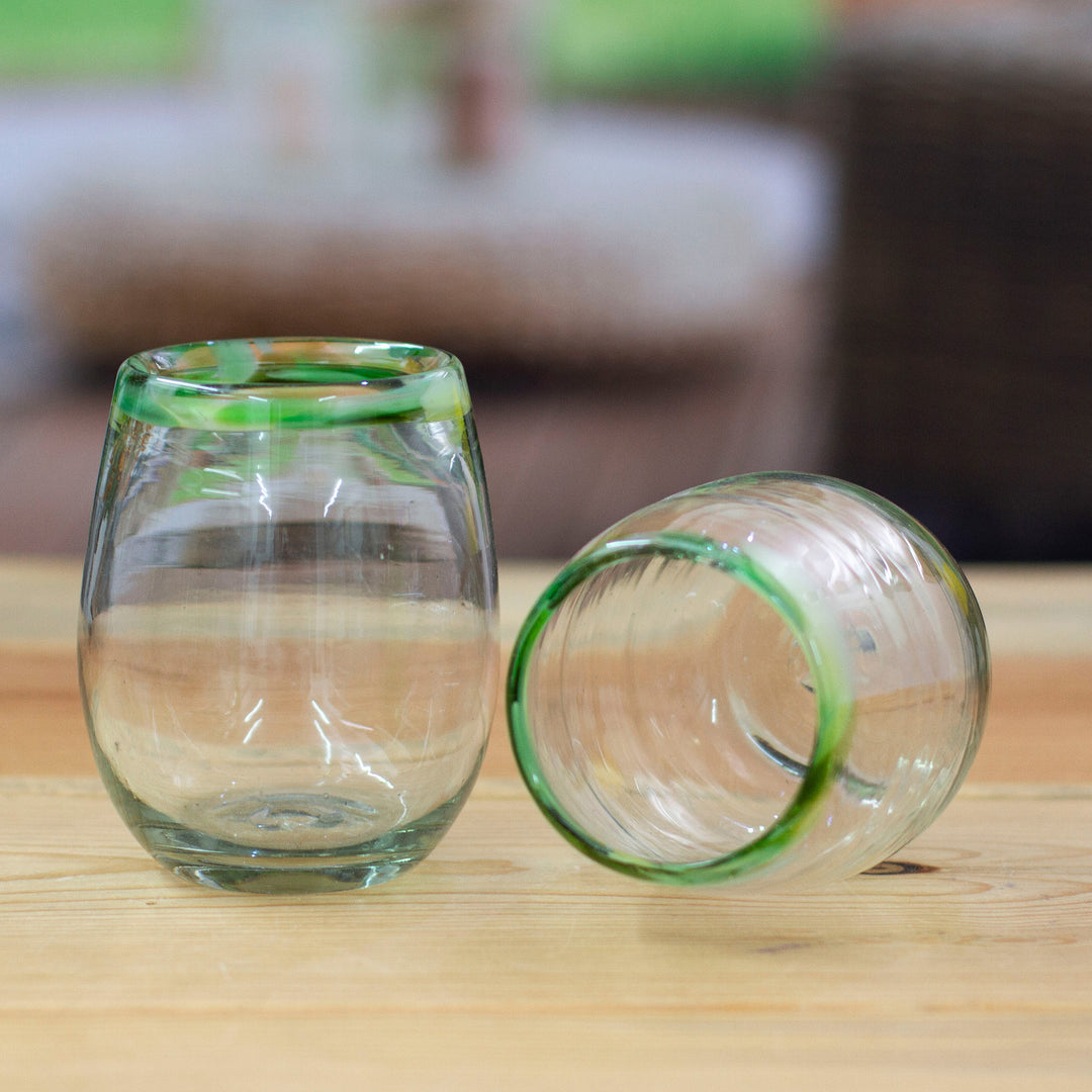 Pair of Green-Rimmed Handblown Stemless Wine Glasses - Verdant Day
