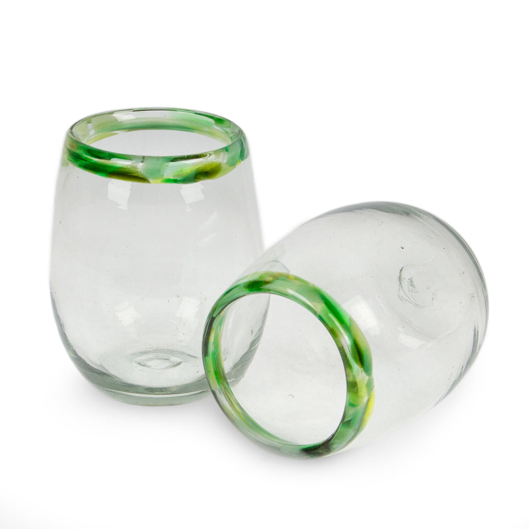 Pair of Green-Rimmed Handblown Stemless Wine Glasses - Verdant Day