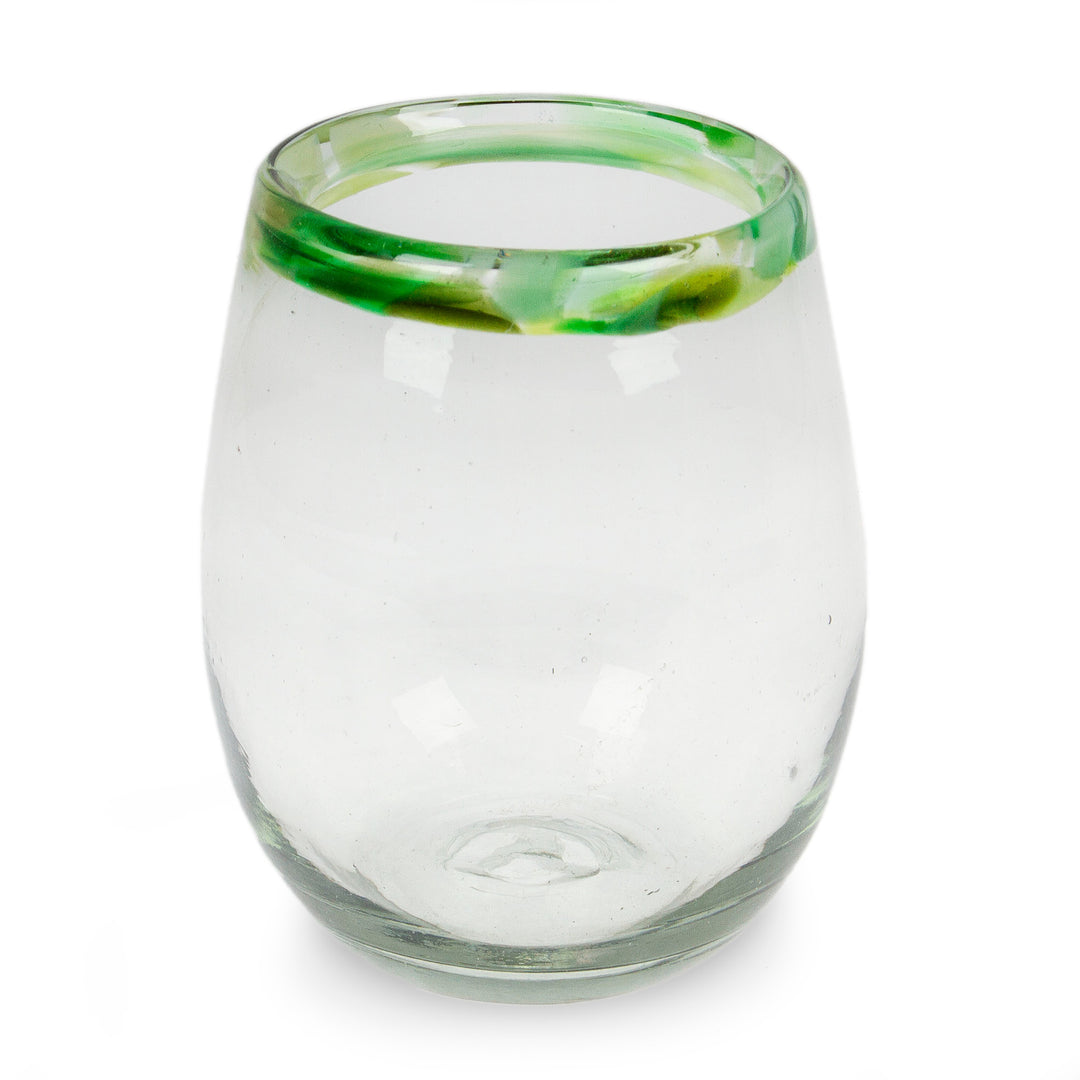 Pair of Green-Rimmed Handblown Stemless Wine Glasses - Verdant Day