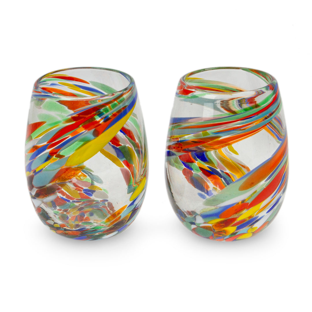 2 Eco-Friendly Colorful Handblown Stemless Wine Glasses - Whirling Rainbow