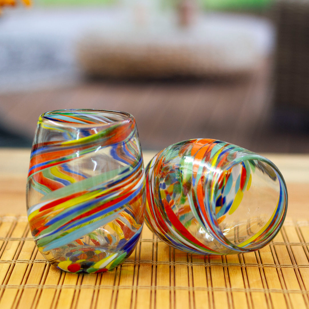 2 Eco-Friendly Colorful Handblown Stemless Wine Glasses - Whirling Rainbow