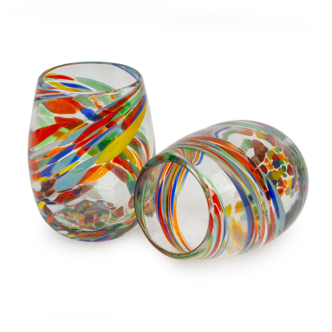 2 Eco-Friendly Colorful Handblown Stemless Wine Glasses - Whirling Rainbow