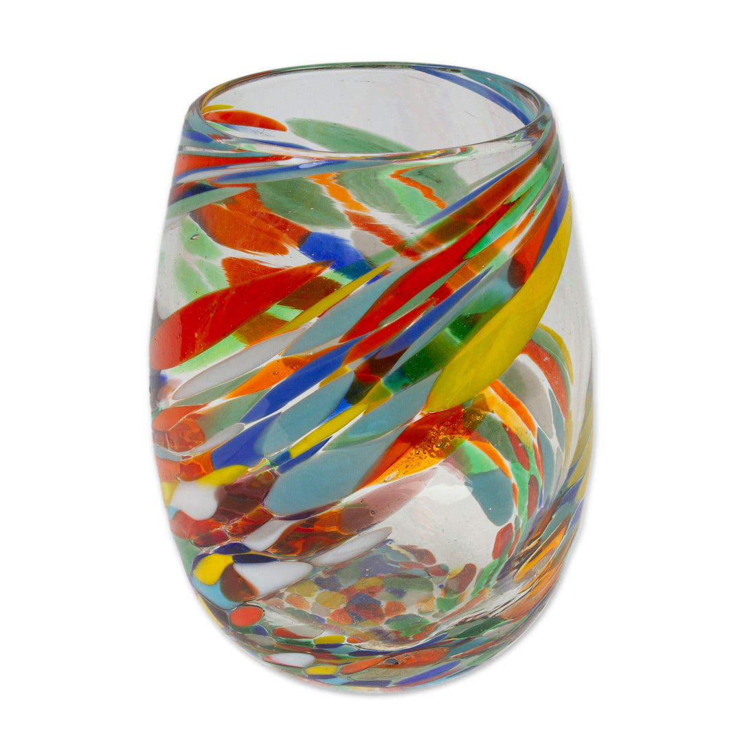 2 Eco-Friendly Colorful Handblown Stemless Wine Glasses - Whirling Rainbow
