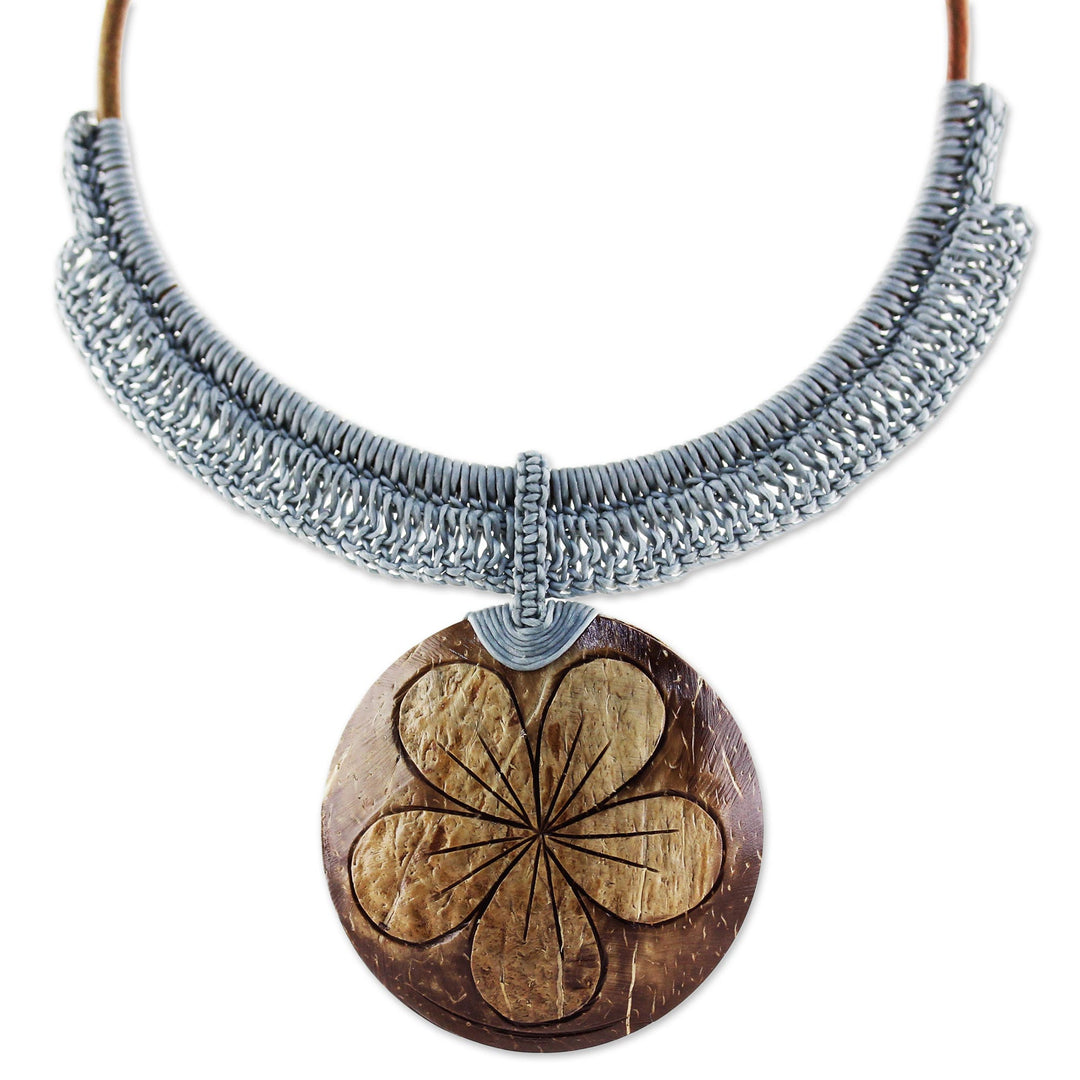 Grey Leather and Coconut Shell Floral Statement Necklace - Rustic Frangipani in Grey