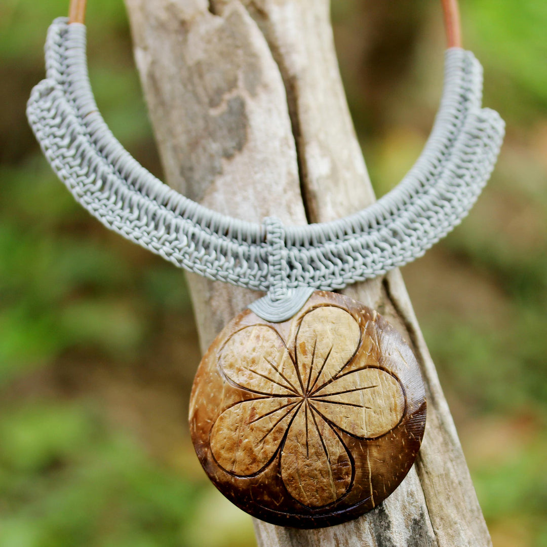 Grey Leather and Coconut Shell Floral Statement Necklace - Rustic Frangipani in Grey