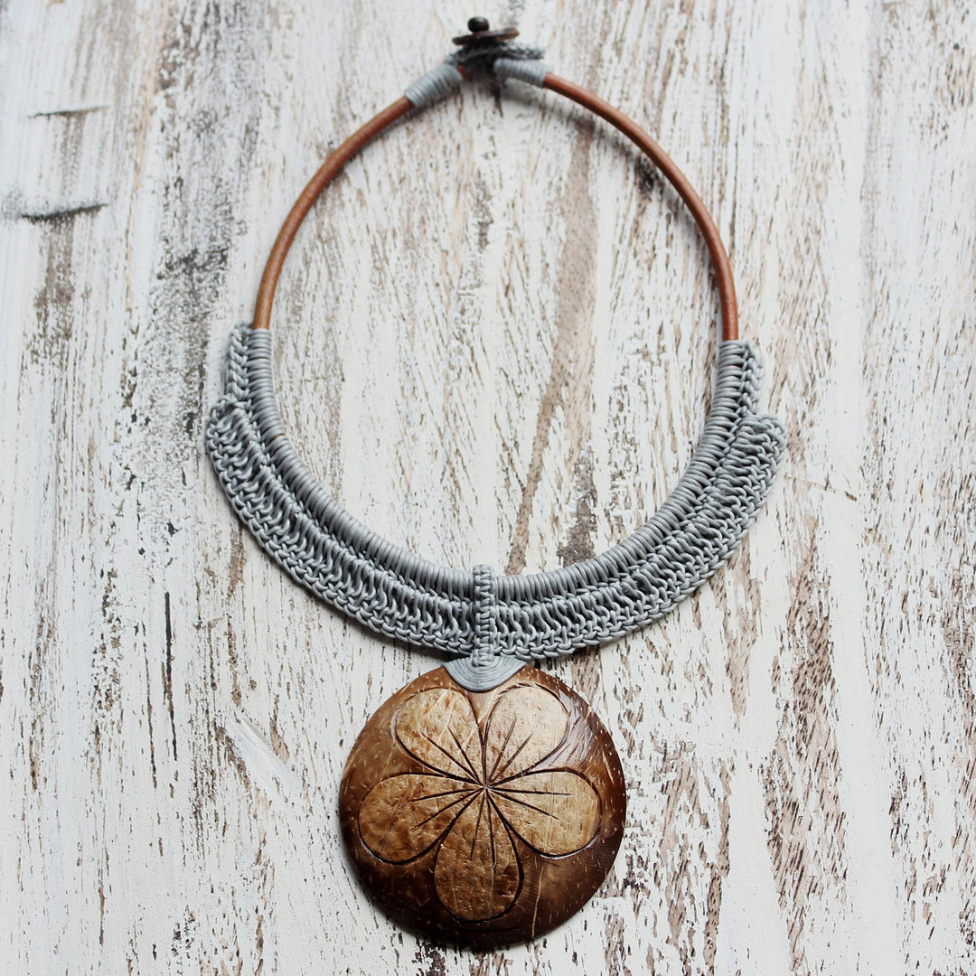 Grey Leather and Coconut Shell Floral Statement Necklace - Rustic Frangipani in Grey
