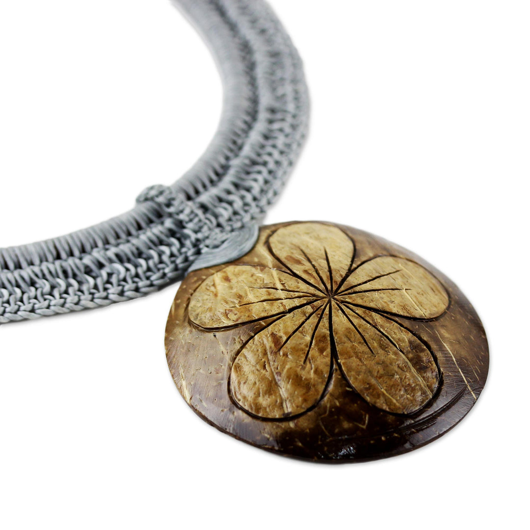 Grey Leather and Coconut Shell Floral Statement Necklace - Rustic Frangipani in Grey