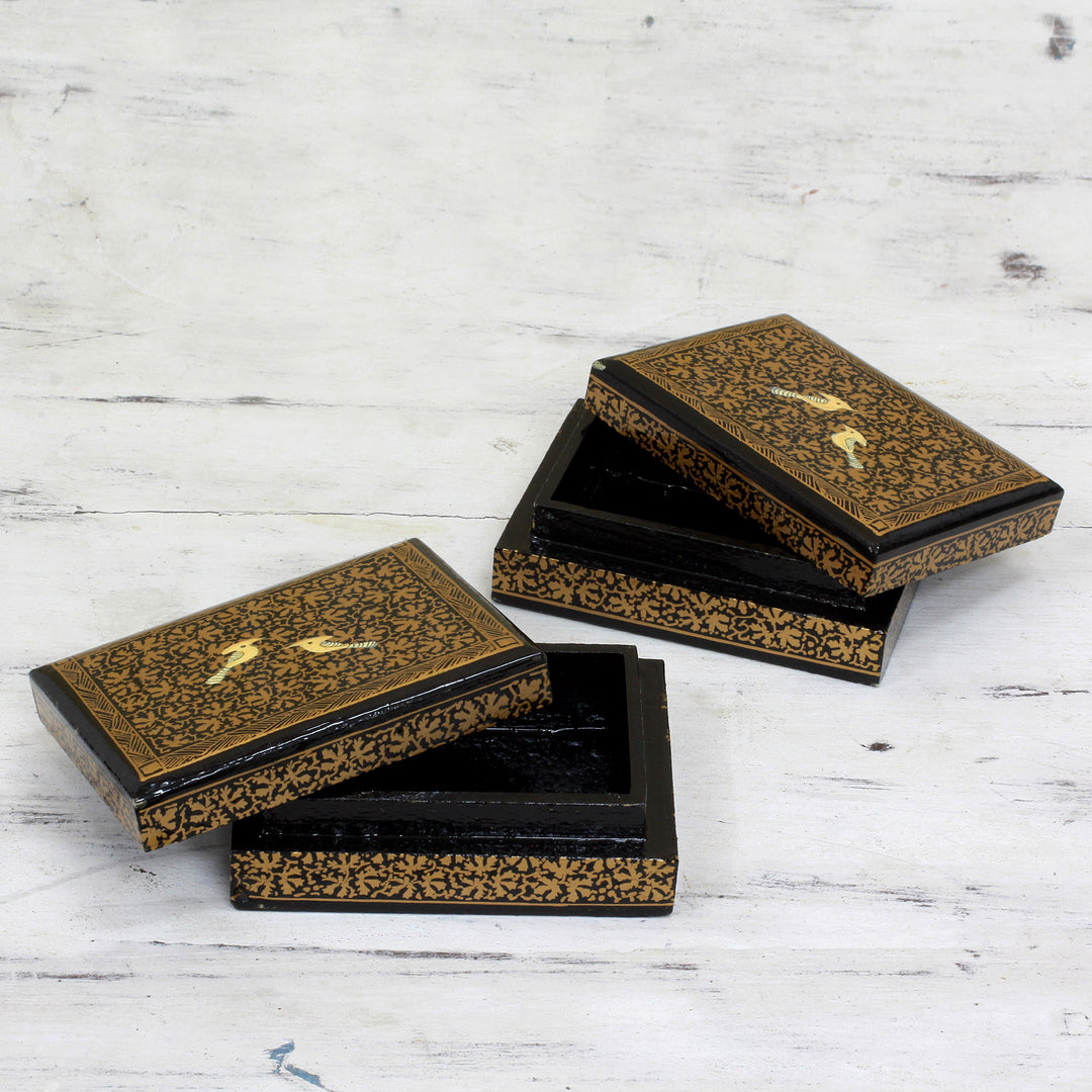 Hand Painted Wood Mini Decorative Boxes (Pair) from India - Avian Whispers in Gold