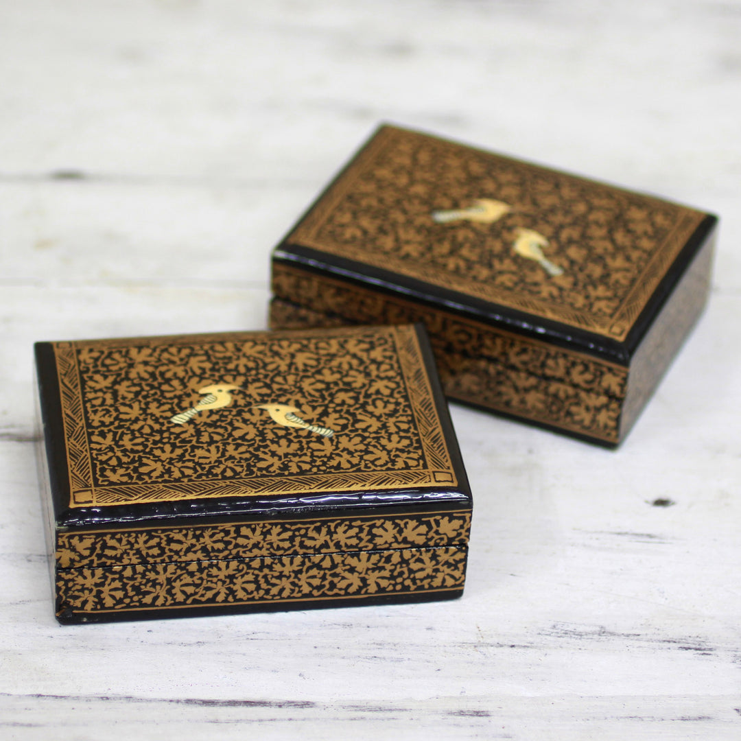 Hand Painted Wood Mini Decorative Boxes (Pair) from India - Avian Whispers in Gold