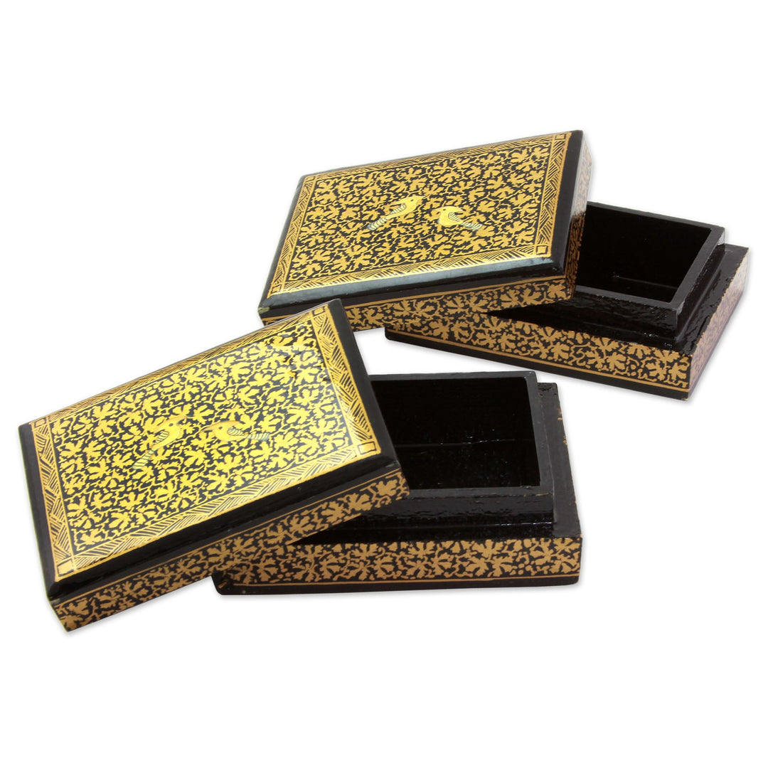 Hand Painted Wood Mini Decorative Boxes (Pair) from India - Avian Whispers in Gold