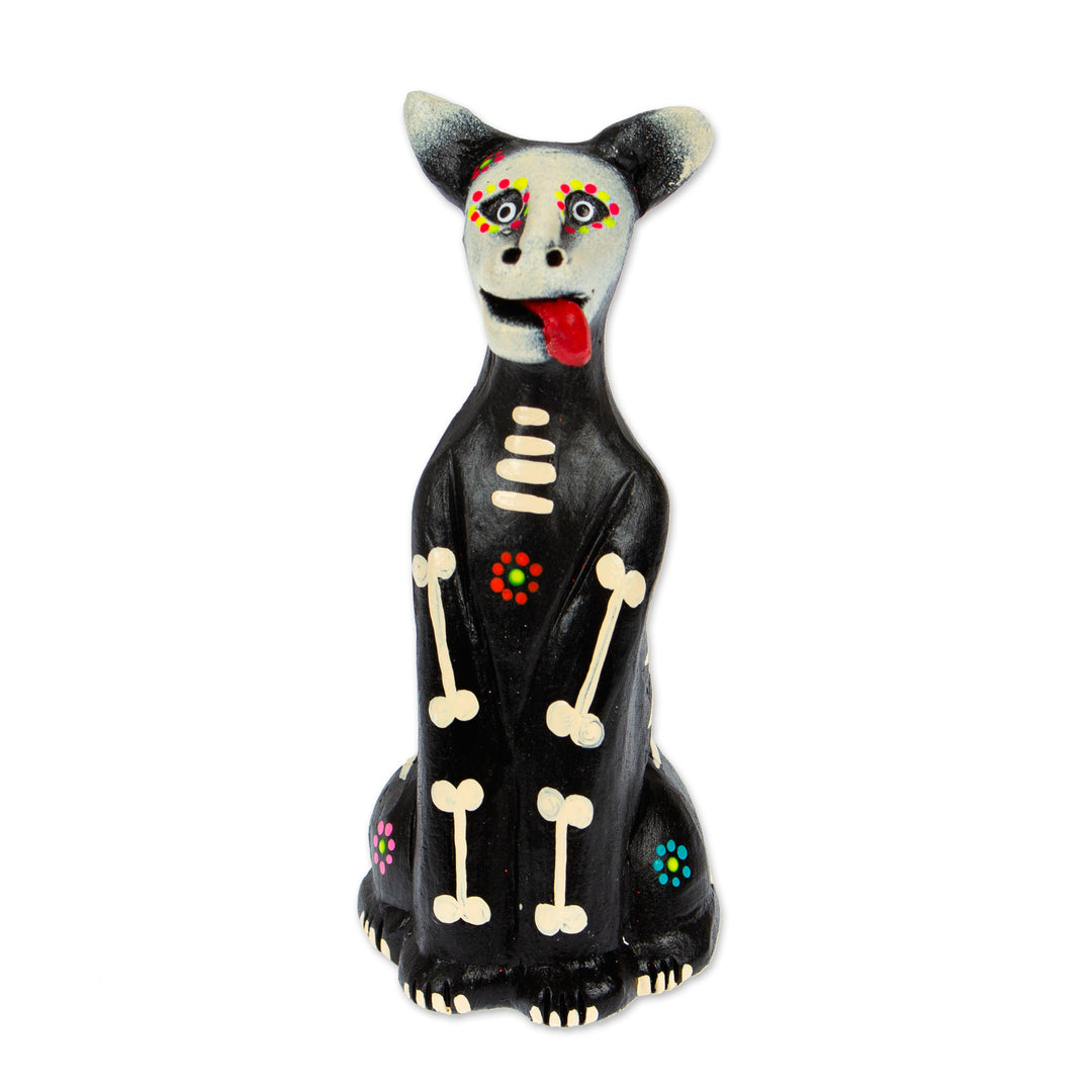 Day of the Dead-Themed Black and Ivory Ceramic Dog Sculpture - Barks in the Dark