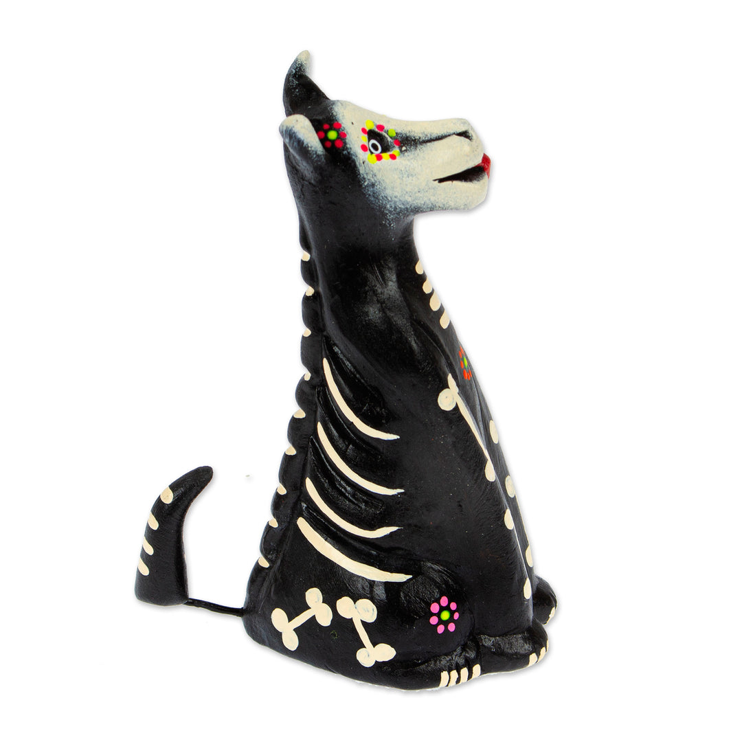 Day of the Dead-Themed Black and Ivory Ceramic Dog Sculpture - Barks in the Dark