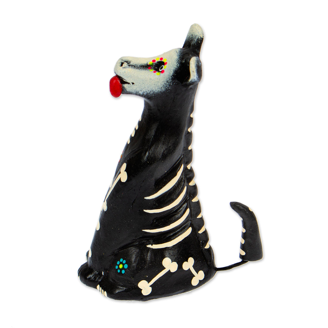 Day of the Dead-Themed Black and Ivory Ceramic Dog Sculpture - Barks in the Dark