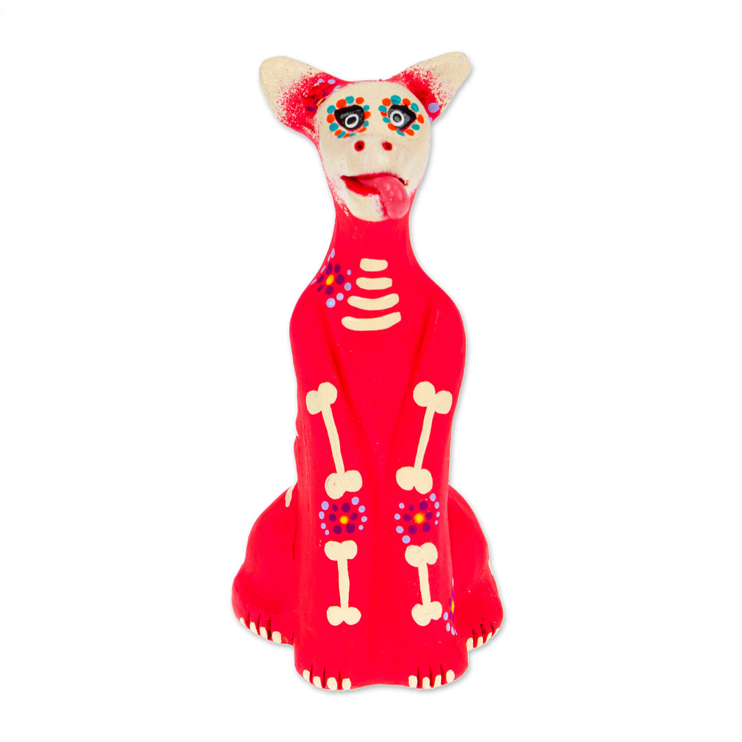 Hand-Painted Pink and Ivory Ceramic Skeleton Dog Sculpture - Barks in Pink