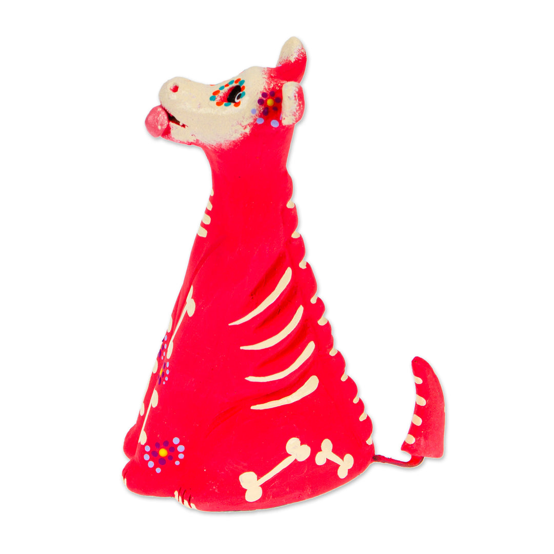 Hand-Painted Pink and Ivory Ceramic Skeleton Dog Sculpture - Barks in Pink
