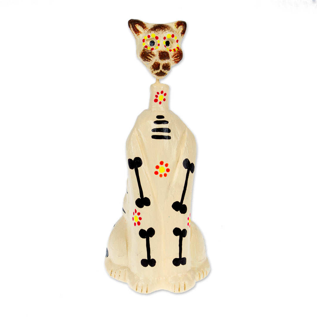 Artisan-Made Day of the Dead Ivory Ceramic Cat Sculpture - Alabaster Meows