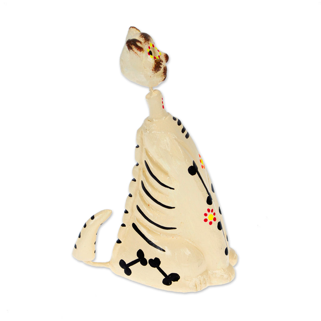 Artisan-Made Day of the Dead Ivory Ceramic Cat Sculpture - Alabaster Meows