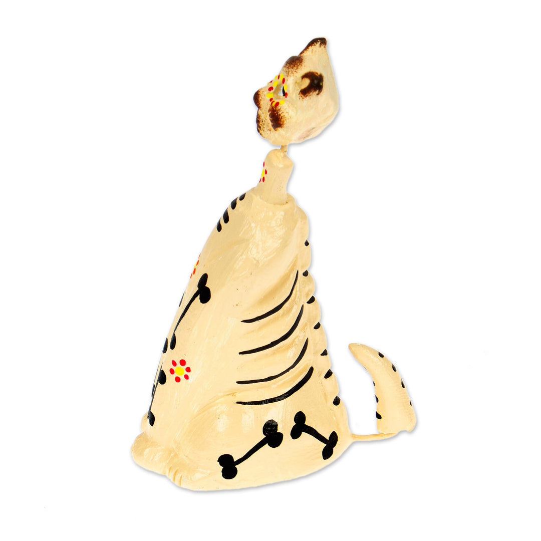 Artisan-Made Day of the Dead Ivory Ceramic Cat Sculpture - Alabaster Meows